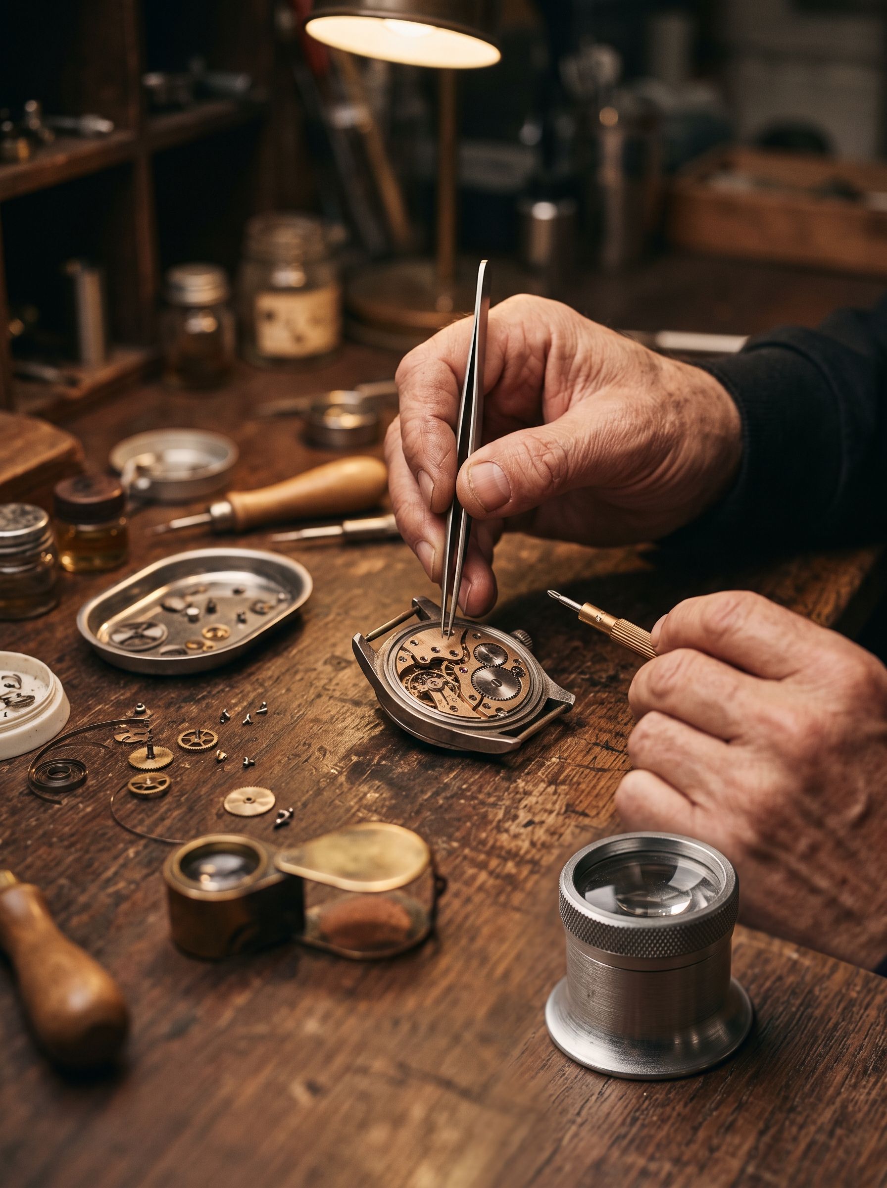 Detail rukou hodináře při renovaci mechanických hodinek PRIM
